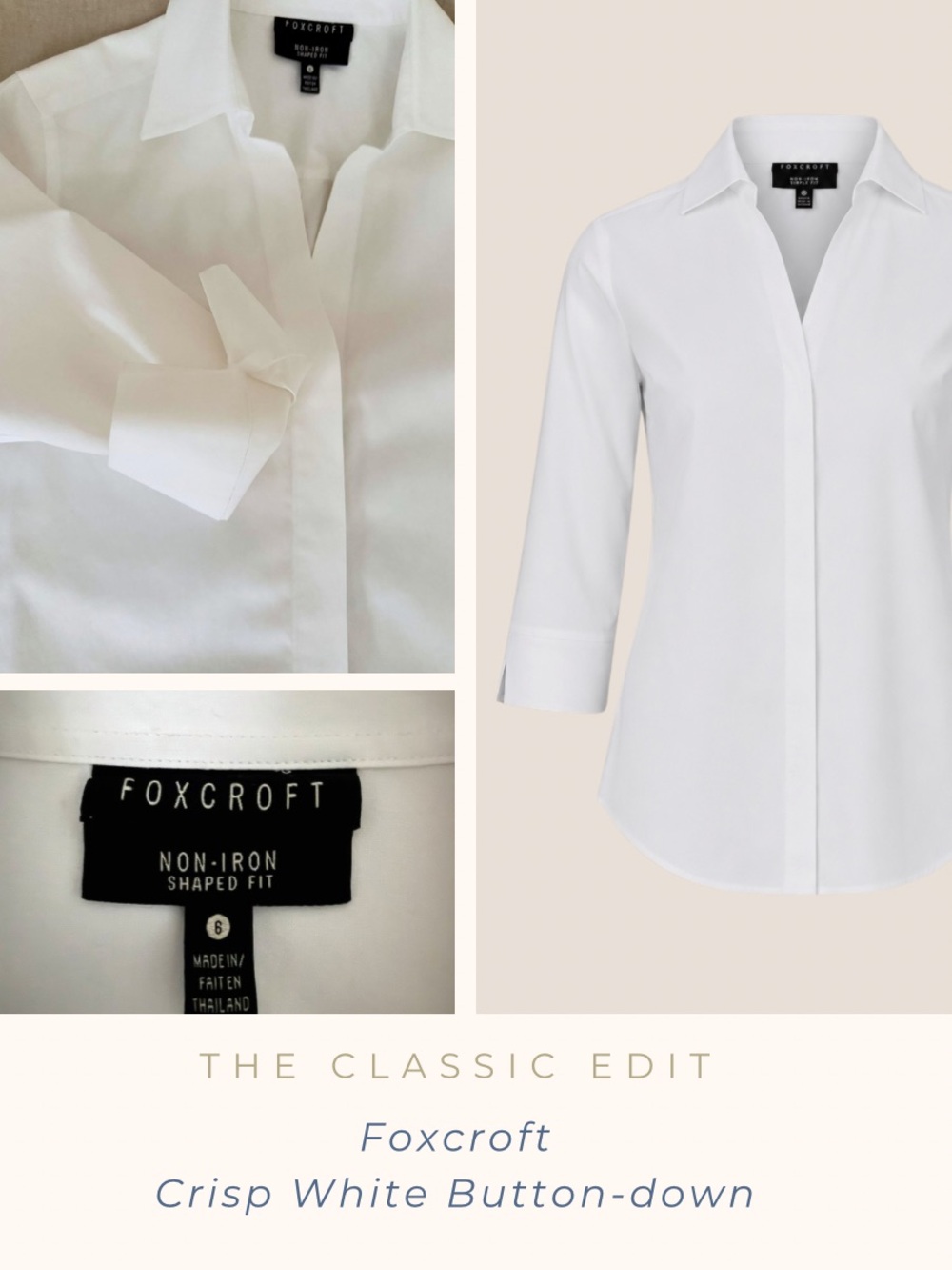White Cotton Button Down Shirt |  Hidden Placket |  3/4 Sleeve | Crisp Classic